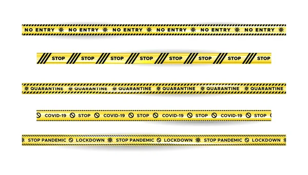 警告危険隔離テープフェンシング。黒と黄色の検疫縞。コロナウイルスの危険性について異なる碑文を持つ黄色の線のセット。 — ストックベクタ