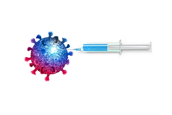 Una Jeringa Con Una Vacuna Destruye Coronavirus Lucha Los Científicos — Vector de stock