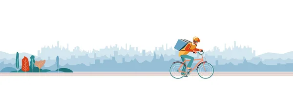 迅速な配達サービスの配達少年労働者 自転車宅配便 エクスプレスオンライン注文モバイルアプリ バックパックの小包ボックスを持つ自転車の男は街で食べ物を提供します 生態宅配便サービス — ストックベクタ