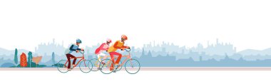 Cyclists chase the leader of race. Head of peloton vector illustration. Cycling in nature or city. Three cyclists going away from pursuers. Group of bikers at professional race for bike rally event clipart