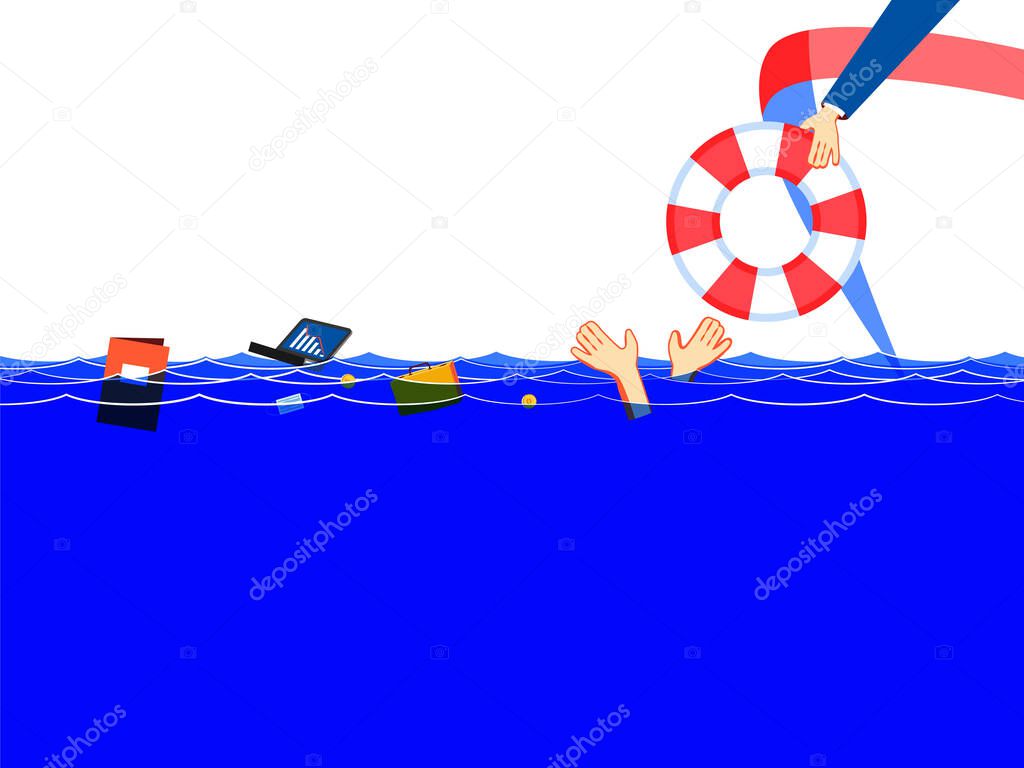 Global finance crisis drowns unfortunate manager. Businessman drowning,ask to help, hopes to support. Cartoon concept problem bankruptcy, risk debt protection, investment survival, insurance business
