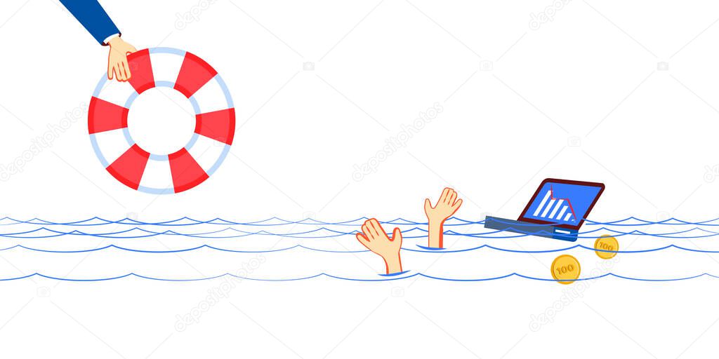 Global finance crisis drowns unfortunate manager. Businessman drowning,ask to help, hopes to support. Cartoon concept problem bankruptcy, risk debt protection, investment survival, insurance business