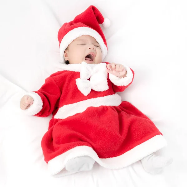 Portrait of adorable baby girl with santa costume on white background with copy space — Stock Photo, Image