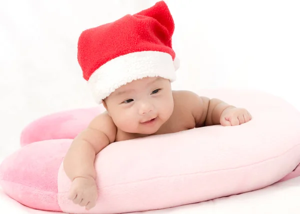 Portrait of adorable baby girl with santa costume on white backg — Stock Photo, Image