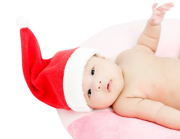 Porträtt av förtjusande baby flicka med santa dräkt. Isolerad på w — Stockfoto