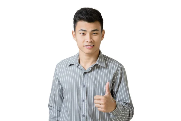 Portret van een jonge Aziatische zakenman duim opdagen. Geïsoleerd — Stockfoto