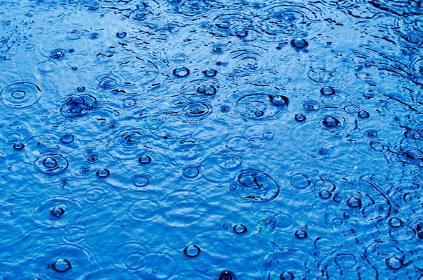 Regnet droppar på ytan av en gata väg på en regnig dag, tonad blå — Stockfoto