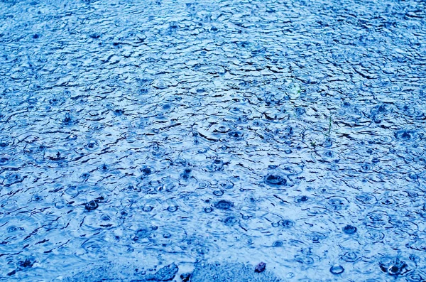 Gotas de lluvia en la superficie de una calle en un día lluvioso, tonificado de azul — Foto de Stock