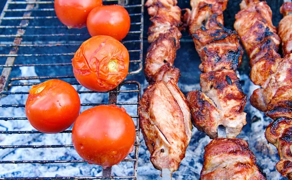 Sült, grillezett húsokat és a grill paradicsom — Stock Fotó