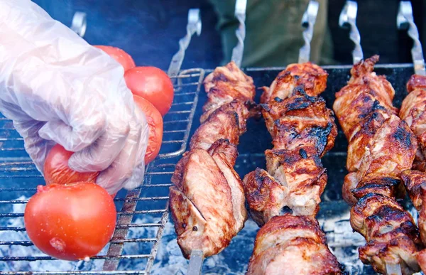 Carne grelhada assada e tomates para churrasco — Fotografia de Stock