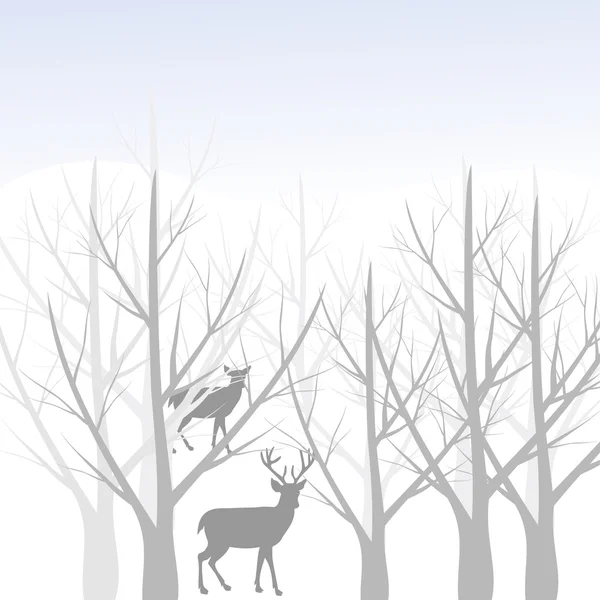 Ciervos silvestres en el bosque de invierno — Vector de stock