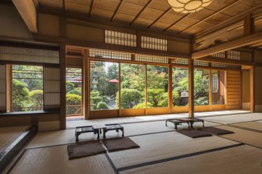 Interior of Japanese tea house with Zen Garden, Kyoto, Japan clipart