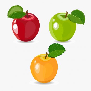 Beyaz arka plan üzerinde izole kırmızı, yeşil, sarı olgun elma güzel vektör çizim. 