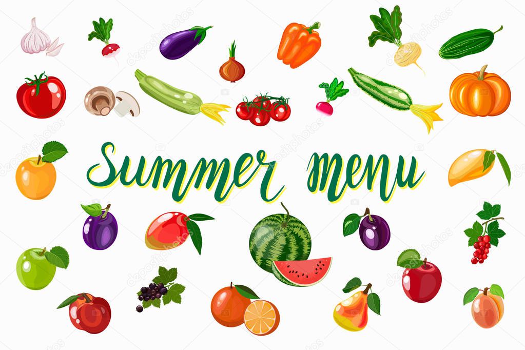 Vector illustration set of fruits and vegetables. Organic fresh fruits flat design