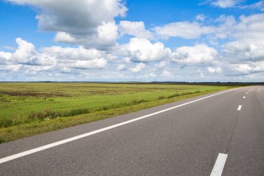 Uzun bir yol. Gökyüzü bulutları ve yeşil tarlalarıyla kır yolu manzarası