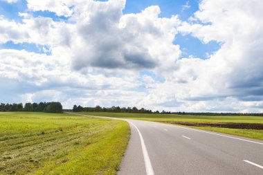 Uzun bir yol. Gökyüzü bulutları ve yeşil tarlalarıyla kır yolu manzarası