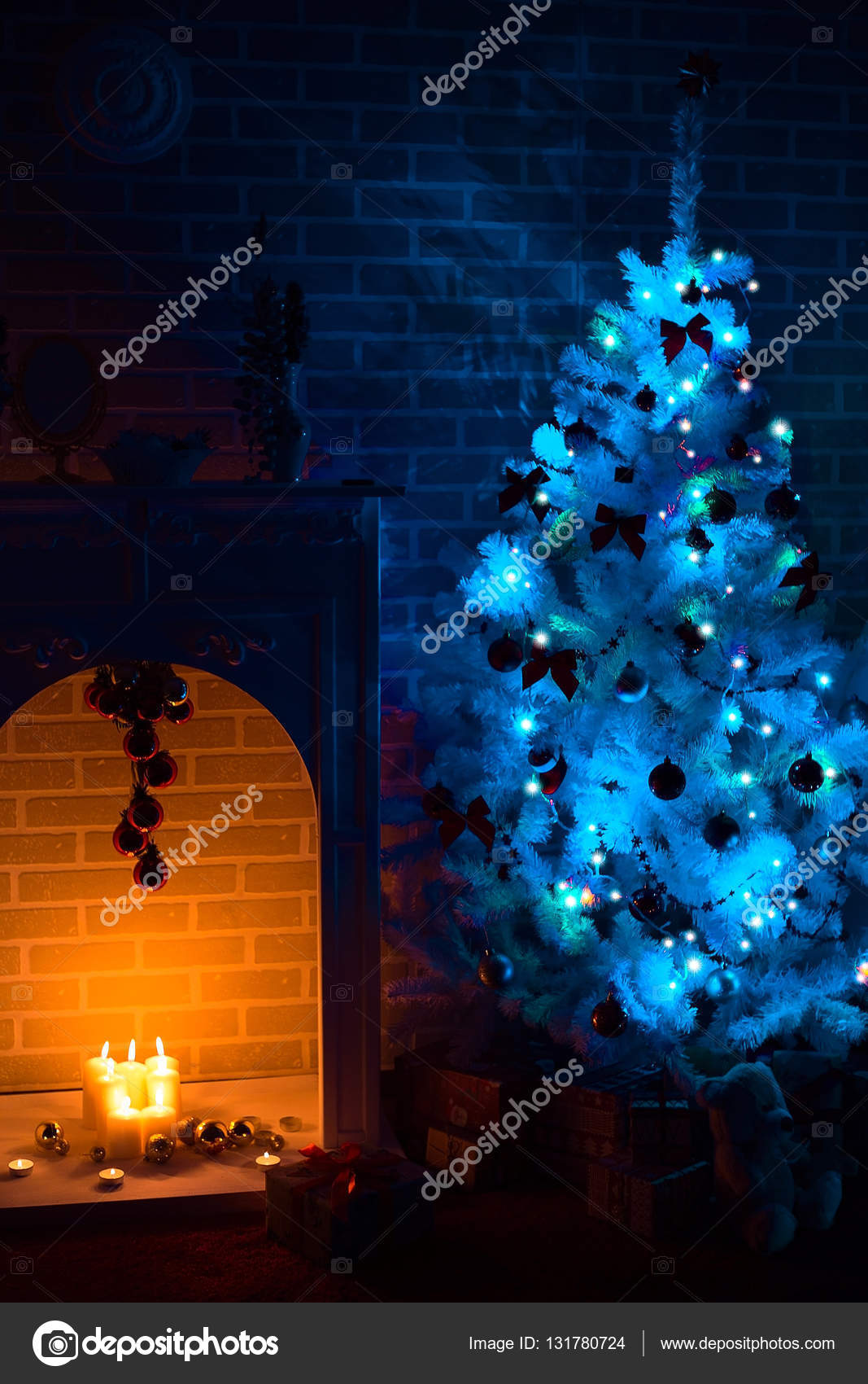 Illuminated Christmas Tree Beside A Fireplace Bright Christmas