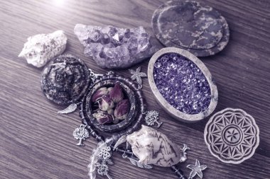 Güzel Ametist kristal, büyülü şeyler, taş ve ahşap arka plan üzerinde kabukları koleksiyonu. Sezonun trendi rengini.