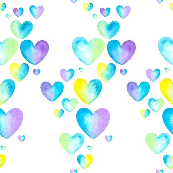 Watercolor heart pattern. Color: lavender, yellow, blue hearts on white background — Stock Photo, Image