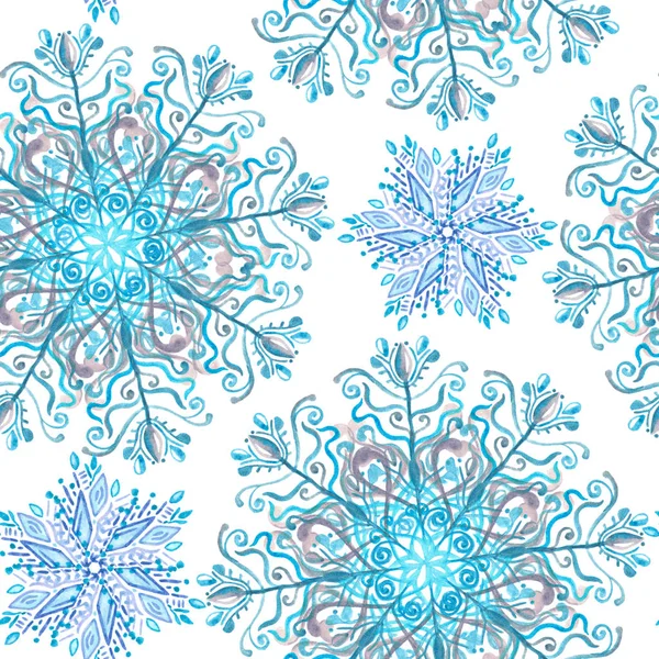 Copo de nieve abstracto, acuarela azul claro pintado copo de nieve sobre fondo blanco, ramitas texturizadas y cristales pintados con acuarelas — Foto de Stock