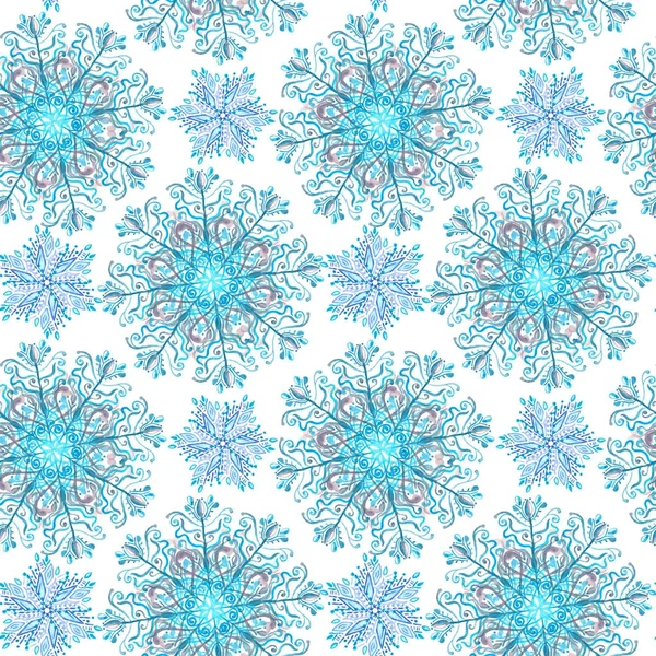 Copo de nieve abstracto, acuarela azul claro pintado copo de nieve sobre fondo blanco, ramitas texturizadas y cristales pintados con acuarelas —  Fotos de Stock