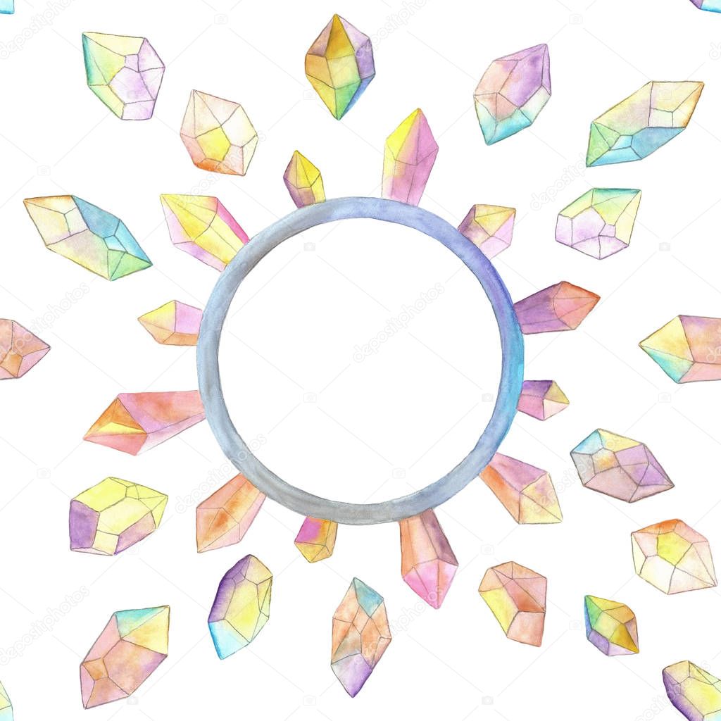 Seamless watercolor crystals painting with round frame. Beautiful texture watercolor painted natural stones and minerals