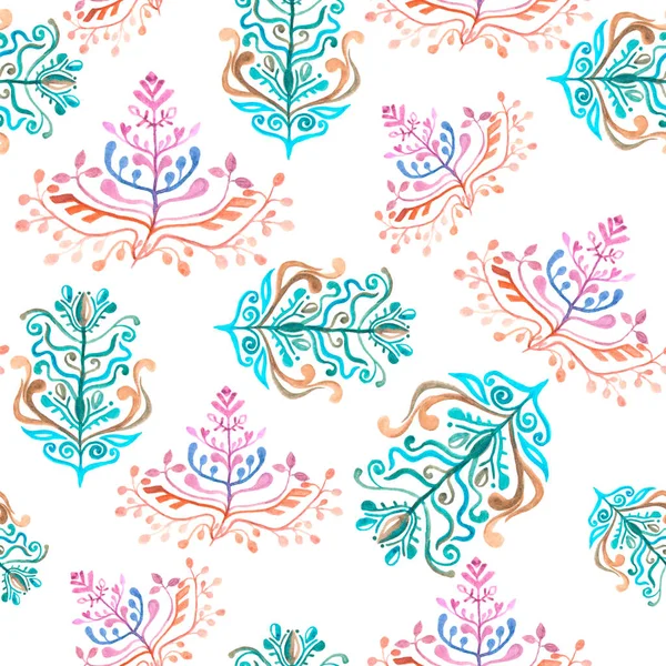 Watercolor seamless pattern with branches in Eastern style on white background isolated, oriental ornament pattern