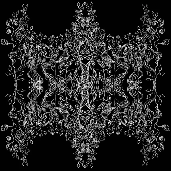 Biała Ozdoba Czarnym Tle Magiczne Etniczne Symbole Rysowane Wzory Bazgrołów — Zdjęcie stockowe