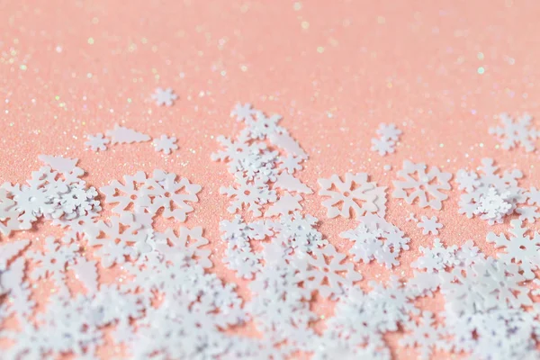 Delicado Fondo Rosa Con Purpurina Copos Nieve Macrofoto Lentejuelas Brillantes — Foto de Stock