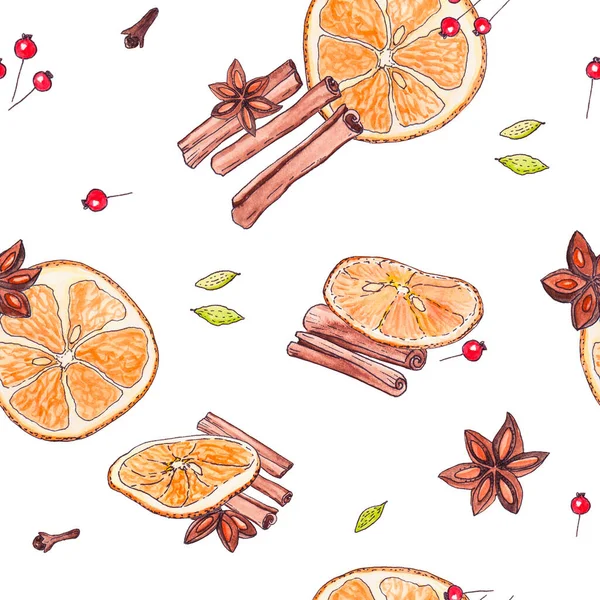 Seamless Illustration Dried Spices Watercolor Orange Slices Star Anise Cinnamon — 스톡 사진