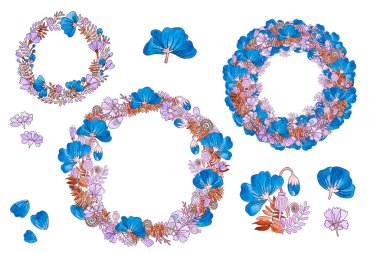 Mavi çiçekler ve mor yapraklarla süslenmiş çiçek çelenkleri. Davetiyeler, etiketler, kapaklar, kurşun günlükler için uygun.