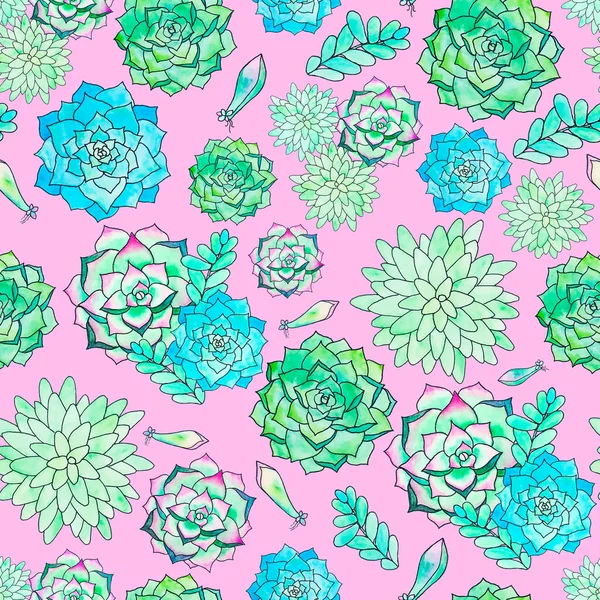Desenho Suculentas Fundo Rosa Padrão Sem Costura Plantas Folhas — Fotografia de Stock
