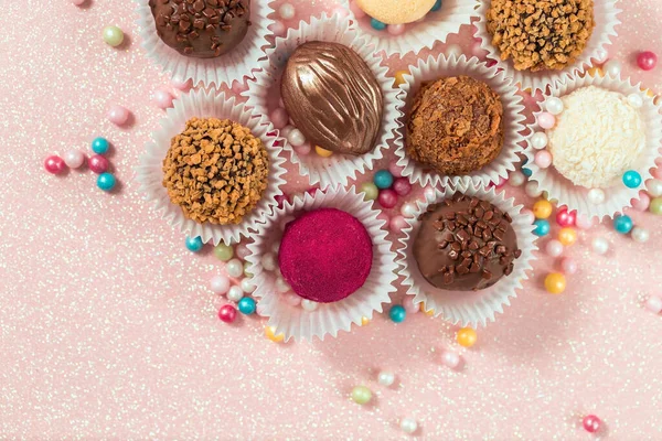 Various Chocolate Candies Decorated Colorful Sugar Balls Top View — Stock Photo, Image