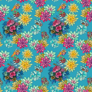 Parlak suluboya sulu suları yakından aralıklı, dikişsiz bitki deseni