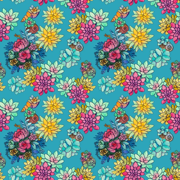 Bright Watercolor Succulents Closely Spaced Seamless Plant Pattern — Stock Photo, Image