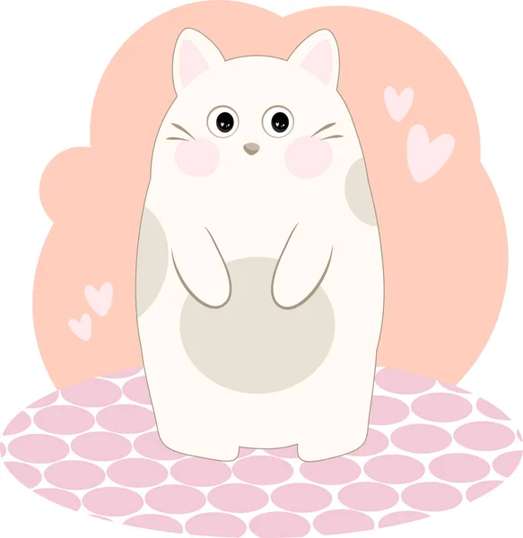 Lindo Animal Peludo Vector Gato Blanco Con Corazones Rosados — Vector de stock