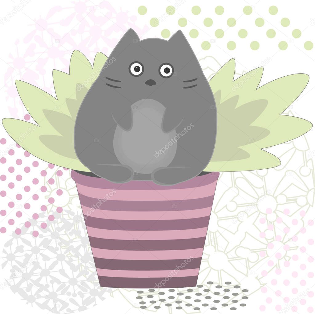 Simple vector cat in a pot, gray kitten sitting funny in a plant pot