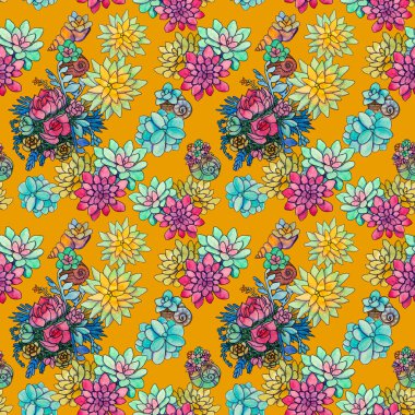 Turuncu arka planda boyalı sulu, dikişsiz bitki deseni.