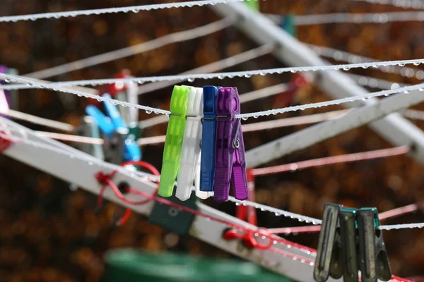 Primo piano di mollette colorate su una clothesline — Foto Stock