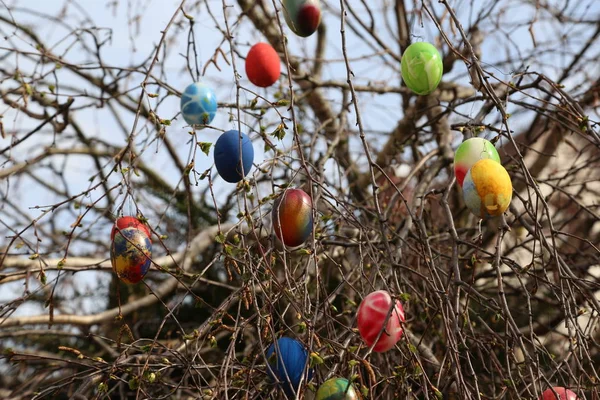 Çeşme Paskalya yumurtaları dekore edilmiştir. — Stok fotoğraf