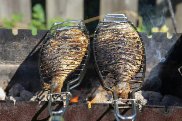 Fish grill / There are fish on the grill and grilled. An raw freshwater fish on the grill. Cooked in traditional style. Cooking of salted fish on a grill stove.