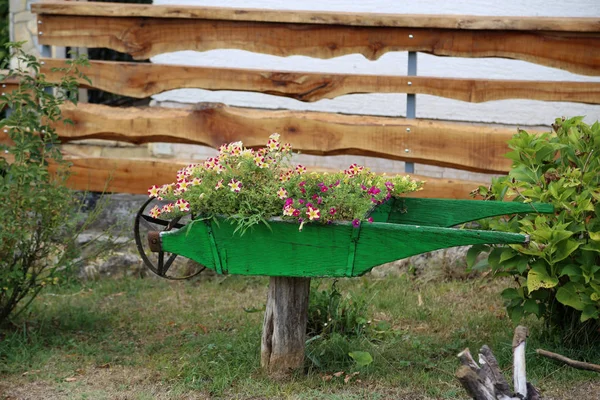 Carretilla Con Flores Decoración Jardín — Foto de Stock