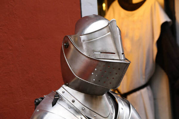 Armor of the Medieval Knight. Knight in shining armor. Detail metal helmets.