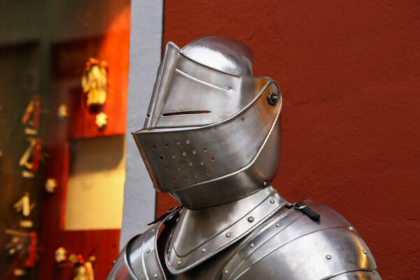 Armor of the Medieval Knight. Knight in shining armor. Detail metal helmets.