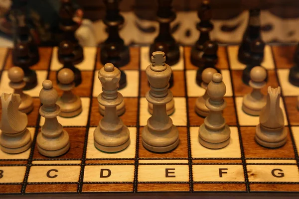 Houten schaakstukken staan op het bord voor de start van het nieuwe spel — Stockfoto