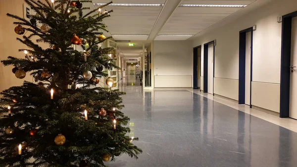 Geschmückter Weihnachtsbaum auf dem Flur des Krankenhauses — Stockfoto