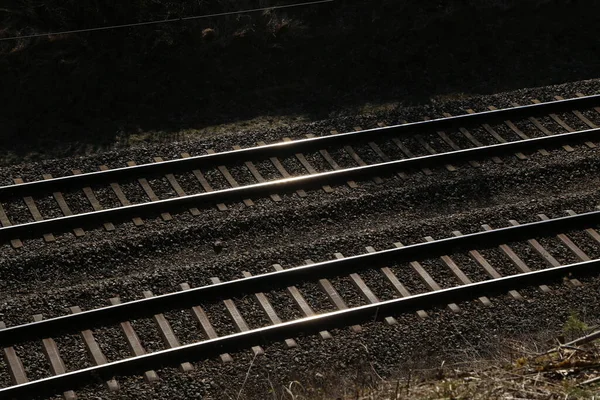 Vasúti Sínek Talpfák Felülről Lőtt Vasúti Sínek — Stock Fotó