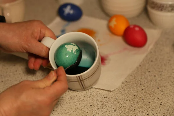 Close Womans Hands Painting Easter Egg Painting Easter Eggs Painting — Stock Photo, Image