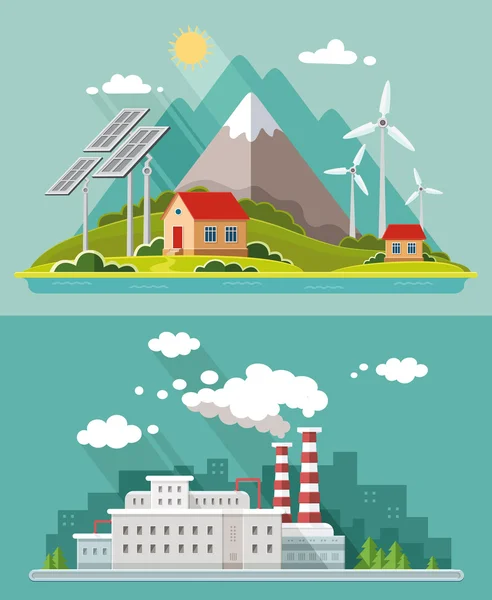 Σύνολο οικολογία. Περιβάλλοντος, πράσινη ενέργεια. Eco life, εκπομπές, nat — Διανυσματικό Αρχείο