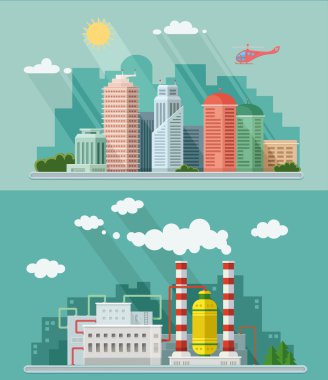 Düz tasarım kümesi. Kentsel peyzaj illüstrasyonlar aşağı dahil